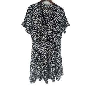 KIRUNDO Dress XL Leopard Black Short Sleeve Midi Awards Party Graduation